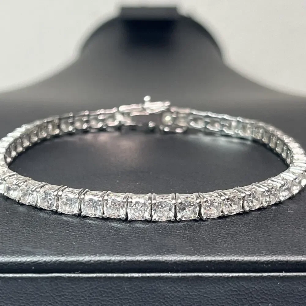 Sterling Silver 925 Tennis Bracelet With Clear White Colorless Rhinestones